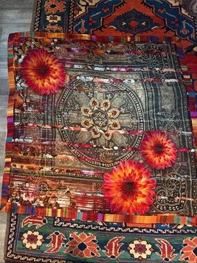 Vibrant Floral & Medallion Print 100% Silk Scarf